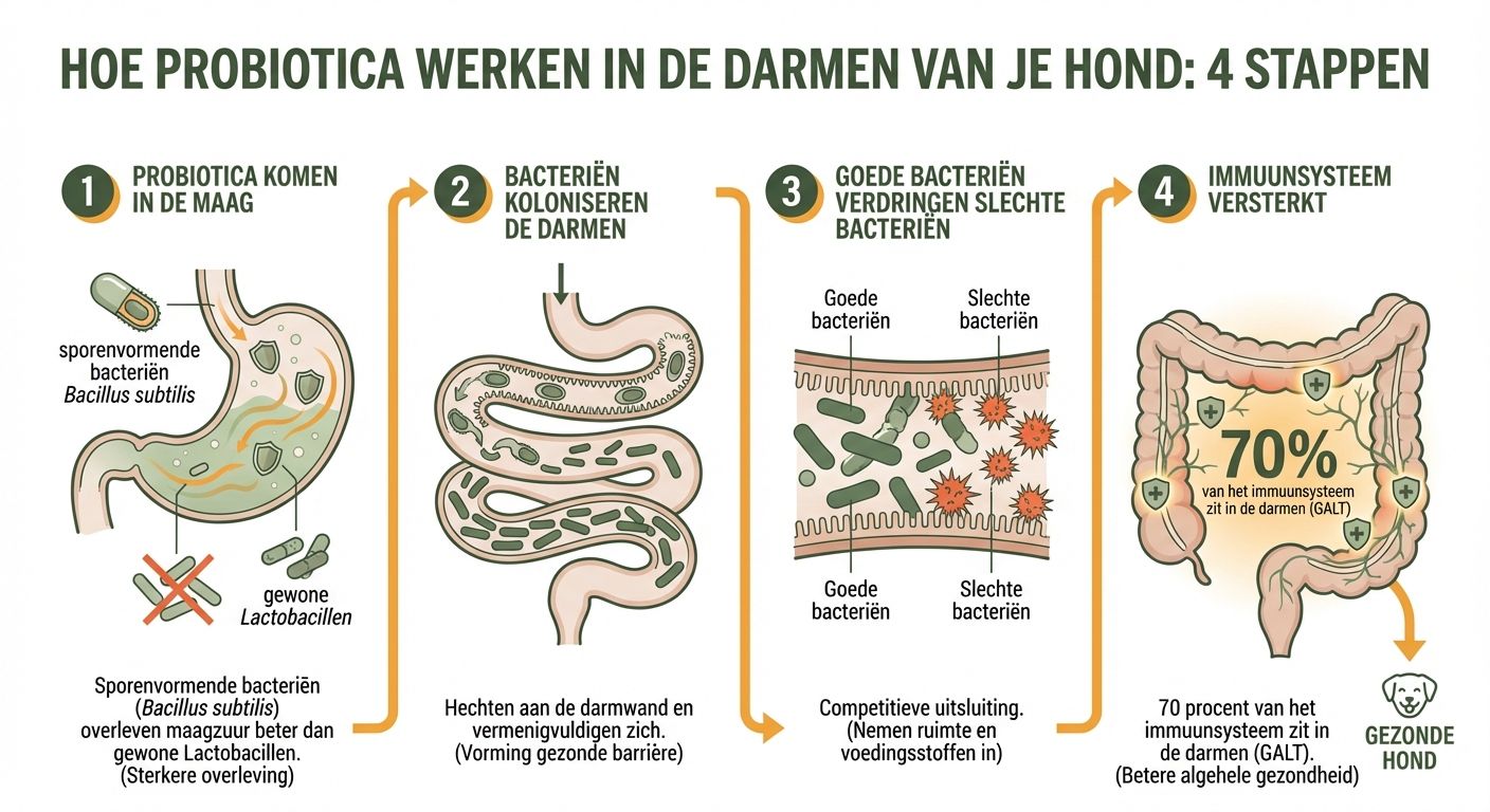 Infographic: Hoe probiotica werken in de darmen van je hond in 4 stappen